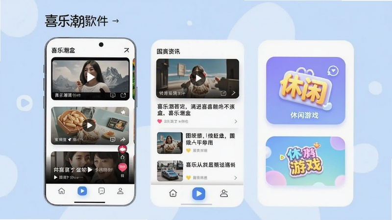 喜乐潮盒多板块内容聚合界面,手机屏幕中展示底部导航栏切换不同内容板块,画面包含短视频卡片、图文资讯列表与休闲小游戏入口,背景为柔和浅蓝色调,突出喜乐潮盒软件名称