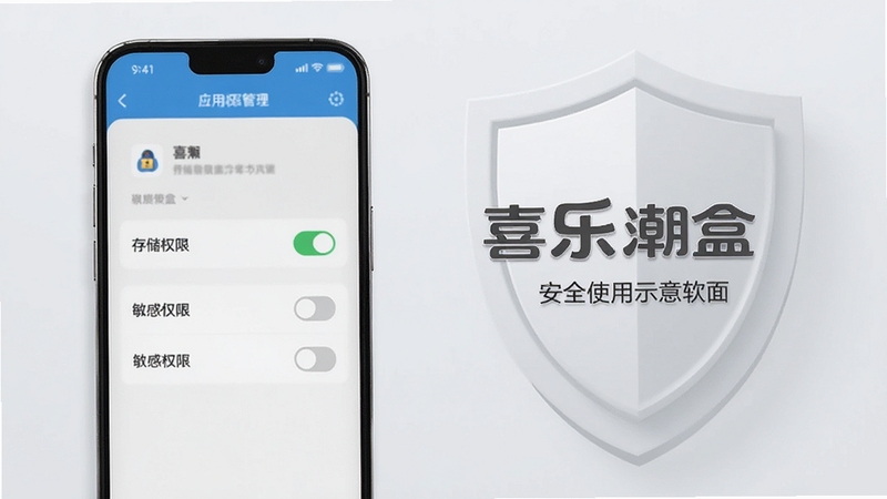 喜乐潮盒安全使用示意画面,手机屏幕显示应用权限管理界面,存储权限开关处于开启状态,其余敏感权限为关闭状态,背景为浅灰色安全盾牌元素,画面中带有喜乐潮盒软件名称
