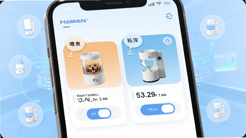 ��������APP���豸���������д���ֻ���Ļ��ʾιʳ������ˮ����Ƭ�������У�ÿ�ſ�Ƭ���п��ذ�ť��ʵʱ���ݣ�����Ϊǳ��ɫ����Ƽ��пռ䣬����Ư�������豸ͼ������������������ɾ�����