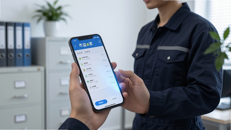 画面表现一位身着深色工作服的工作人员站在明亮办公区,手持手机查看市监e家应用内的信息查询结果页面,手机屏幕发出柔和蓝光,背景有模糊的档案柜与绿植,整体色调沉稳,突出移动查询的便捷感