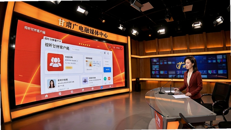 甘肃广电融媒体中心演播大厅内景,大屏幕显示视听甘肃客户端界面,主播正在直播,暖色调灯光,广角镜头