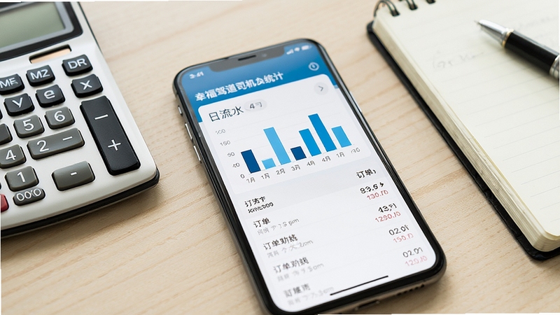 幸福驾道司机端收入统计页面特写,手机屏幕显示日流水柱状图与订单明细列表,旁边放置计算器与记事本,浅色桌面背景,商务写实风格