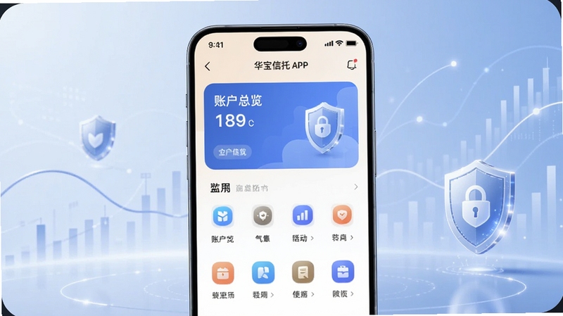 画面主体为一部居中摆放的智能手机,屏幕显示华宝信托APP首页界面,包含账户总览卡片与功能图标;背景为浅蓝色渐变金融风格空间,点缀抽象数据曲线与盾牌安全符号,整体色调沉稳专业,适配Boogu模型生成