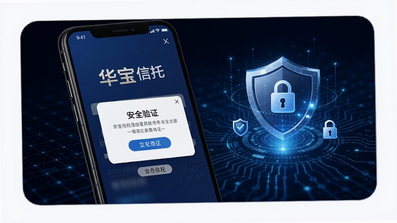 手机界面展示华宝信托登录页与安全验证弹窗,旁边有盾牌与锁形图标,背景为深蓝科技网格,突出安全防护主题