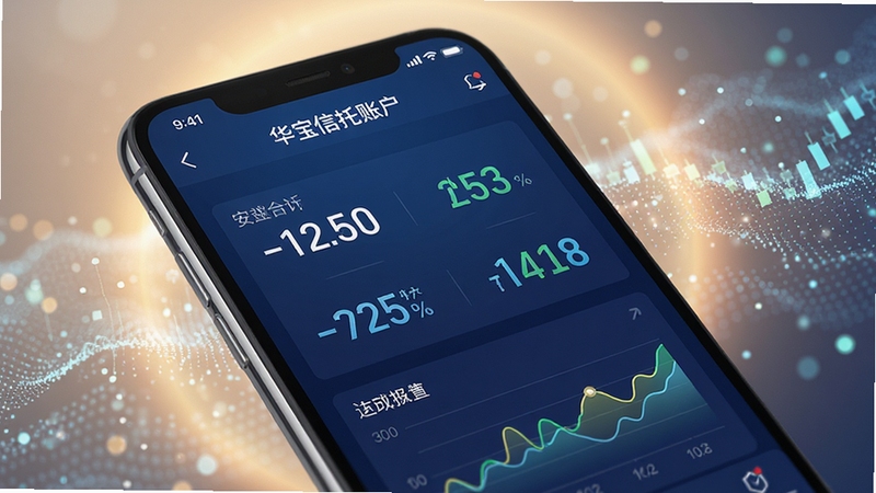 手机屏幕特写展示华宝信托账户资产总览页面,数字与图表清晰可见,背景为柔和光晕与金融数据粒子效果,突出安全与科技感