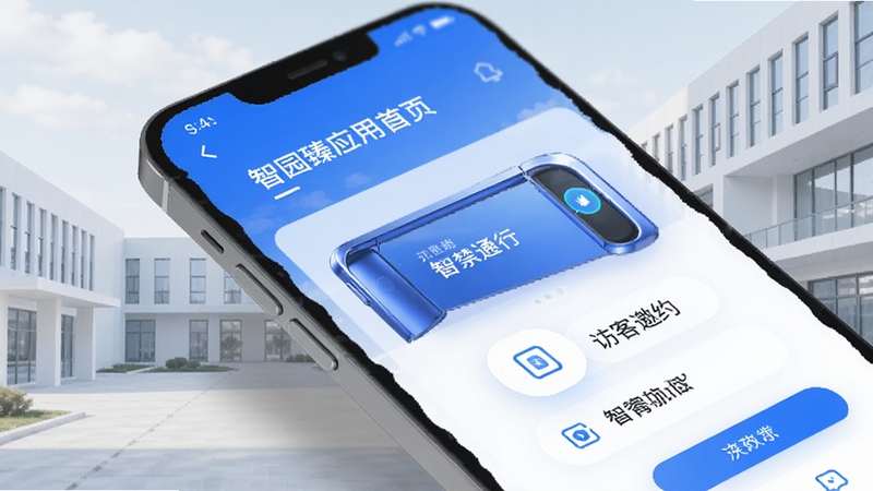 智园臻应用首页界面展示智慧园区门禁通行与访客邀约功能,手机屏幕特写,干净现代UI风格,蓝白色调,背景为简约园区建筑线条,高清细节,柔和光影