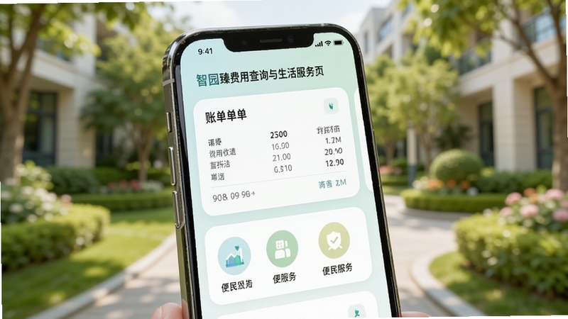 智园臻费用查询与生活服务页面展示,手机屏幕显示账单明细卡片与便民服务图标,清新浅色风格,圆角卡片设计,背景为淡雅园区绿化虚化效果