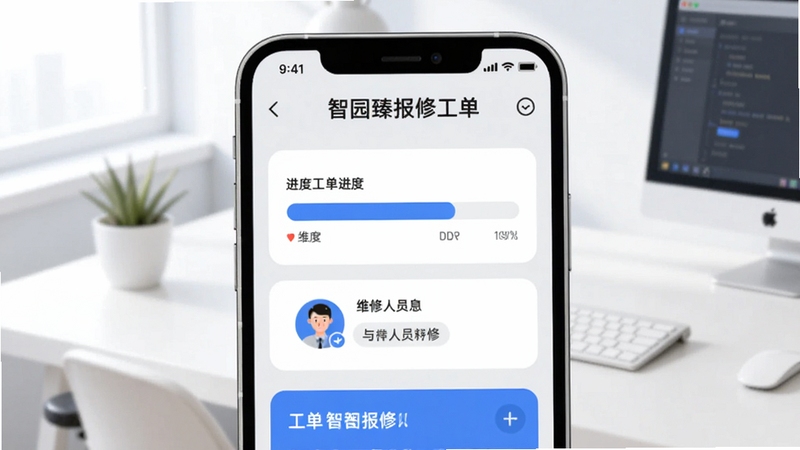 智园臻报修工单界面示意图,手机屏幕显示工单进度条与维修人员信息,扁平化插画风格,浅灰与蓝色搭配,背景为简洁办公桌面,光线明亮