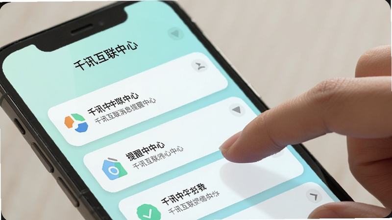 千讯互联消息提醒中心界面,手机屏幕展示多条通知卡片,卡片带有小图标和简短文字,背景为淡青色渐变,画面右侧有一只手轻触屏幕,整体氛围轻松日常,适配Boogu模型生成