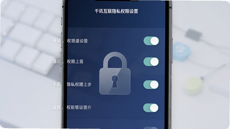 千讯互联隐私权限设置页面,手机屏幕显示权限开关列表,每个开关旁配有简短说明文字,背景为深蓝色渐变,画面中央有一把半透明的锁形图标,整体风格沉稳专业,适配Boogu模型生成