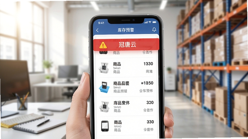 冠唐云仓库管理手机端库存预警界面,手机屏幕显示红色预警条与商品列表,背景为办公桌面与货架,光线明亮,写实风格
