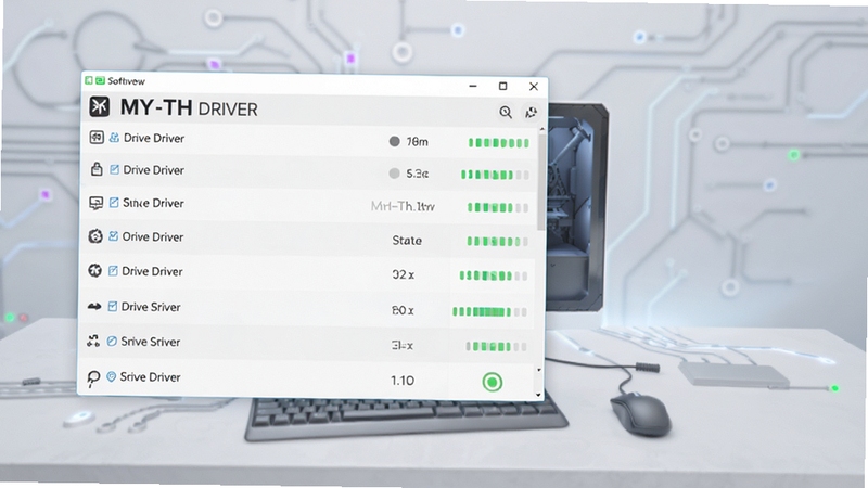 MY-TH DRIVER 软件主界面全貌展示,画面主体位于中央偏左位置,呈现简洁的驱动检测列表与状态指示灯,背景区域为浅灰渐变的科技感桌面环境,整体色调清爽明亮,适配 Boogu 模型生成