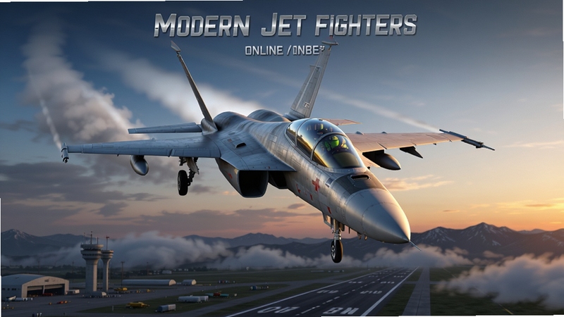 现代喷气战斗机 Modern Jet Fighters Online 游戏主界面全景,画面中央一架银灰色喷气式战机从云层中俯冲而出,背景为黄昏时分的辽阔天空与远处山脉,机身金属反光细节清晰,下方隐约可见跑道与塔台,整体色调偏冷蓝与橙红对比,写实游戏宣传图风格,构图大气,分辨率高