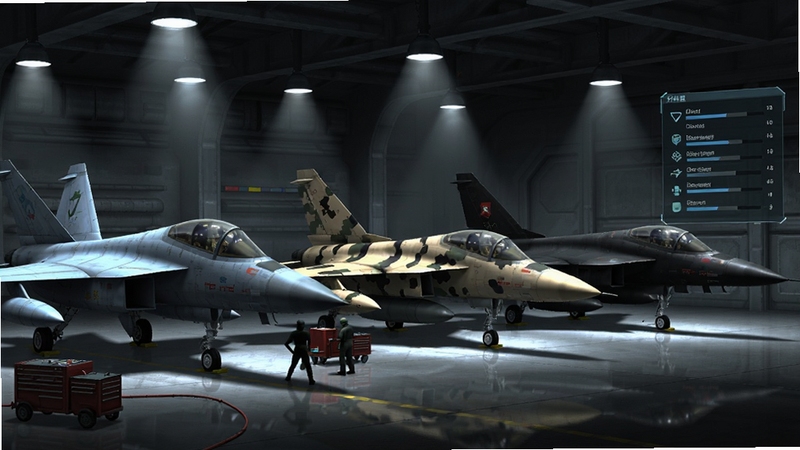 现代喷气战斗机 Modern Jet Fighters Online 机库界面,三架不同型号的喷气式战机并排停放于金属质感的机库中,机身涂装分别为灰蓝、沙漠迷彩与深黑,顶部悬挂照明灯投下光束,地面有工具车与地勤人员剪影,画面右侧悬浮着升级属性面板,科幻军事风格,细节丰富