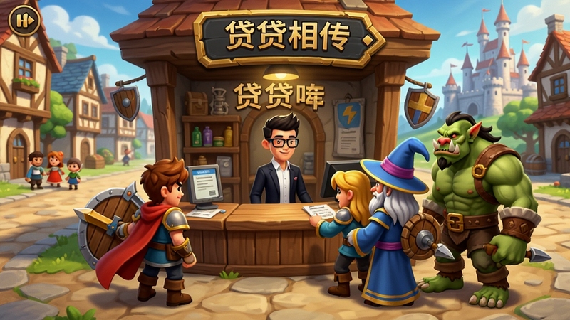 异世界:贷贷相传游戏主界面全景图,画面中央是异世界小镇的借贷所柜台,柜台后站着现代装扮的主角,柜台前有勇者、法师、兽人排队办理贷款业务,背景是奇幻风格的街道与远处城堡,暖色调,卡通渲染,细节丰富,16:9横版构图