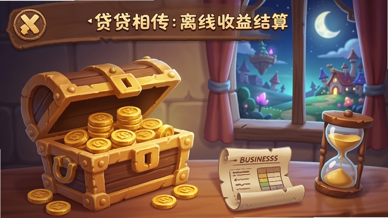 异世界:贷贷相传离线收益结算界面,画面中借贷所柜台上的钱箱半开,金币堆叠,旁边有业务报表和沙漏,窗外是异世界夜景,柔和月光,卡通风格,温馨氛围,突出挂机收益主题