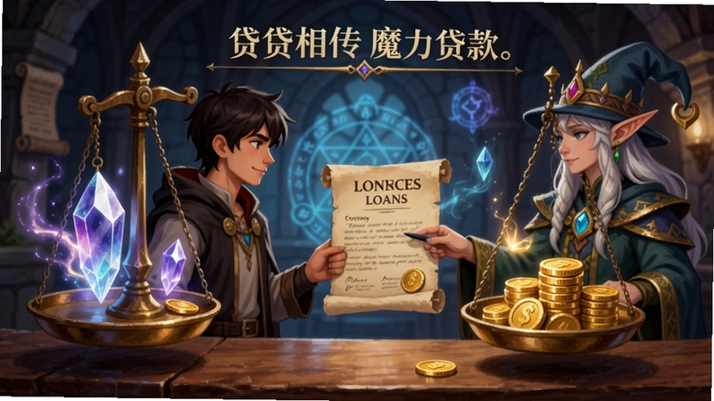 异世界:贷贷相传魔力贷款界面,画面展示魔法水晶与金币在天平两端平衡,主角与精灵法师在柜台前商讨贷款合同,背景有魔法阵光效,奇幻风格,色彩明亮,突出魔力与金币的对比