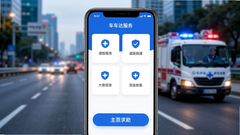 车车达道路救援应用主界面展示,画面中央为手机屏幕特写,屏幕内呈现简洁的救援服务卡片布局与醒目的求助按钮,背景为城市道路与救援车辆虚化场景,整体色调以蓝白为主,突出安全可靠的视觉氛围