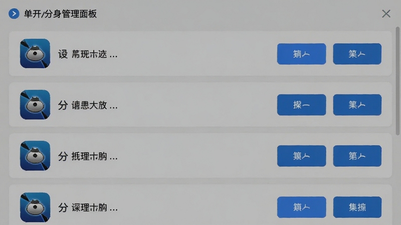 单开开分身管理面板界面,列表中展示多个分身应用条目,每条包含应用图标、名称与操作按钮,界面采用卡片式布局,浅灰底色配蓝色强调色,横版展示
