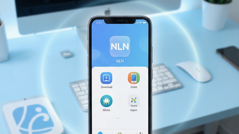 NLN软件启动界面展示,画面中央为手机屏幕特写,屏幕内呈现简洁的NLN应用主界面图标与功能入口,背景为浅蓝色渐变桌面环境,四周点缀柔和光效,整体风格清爽现代,突出安卓应用下载与使用的场景感