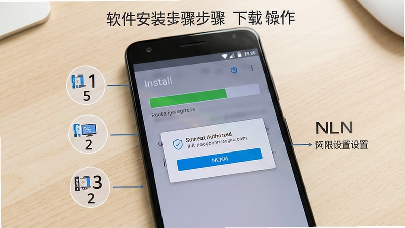 NLN软件安装步骤示意图,画面为一部安卓手机屏幕特写,屏幕上显示安装进度条与权限授权弹窗,旁边配有简洁的步骤编号标识,背景为浅色桌面,整体风格清晰易懂,突出下载安装与权限设置的操作场景