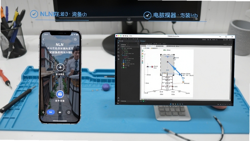 NLN应用在手机与电脑模拟器上的安装操作对比示意图,画面主体左侧为手机安装界面、右侧为电脑模拟器窗口,背景为简洁工作台环境,突出跨设备使用场景