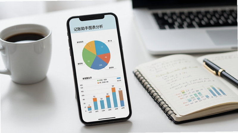 记账助手图表分析界面,手机屏幕展示彩色饼图与柱状图,数据标签清晰,背景为简约办公桌面,旁边放着咖啡杯与笔记本,整体色调清爽专业,突出记账助手的数据统计能力