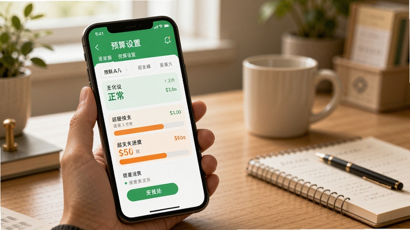 记账助手预算管理功能展示,手机屏幕显示预算设置页面与进度条提醒,界面以绿色和橙色区分正常与超支状态,背景为居家书桌场景,光线柔和,体现记账助手帮助用户理性消费的功能定位