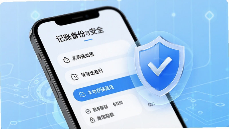 记账助手数据备份与安全界面,手机屏幕显示导出备份选项与本地存储路径,画面中加入盾牌图标元素象征安全防护,背景为科技感浅蓝渐变,突出记账助手对用户隐私的重视
