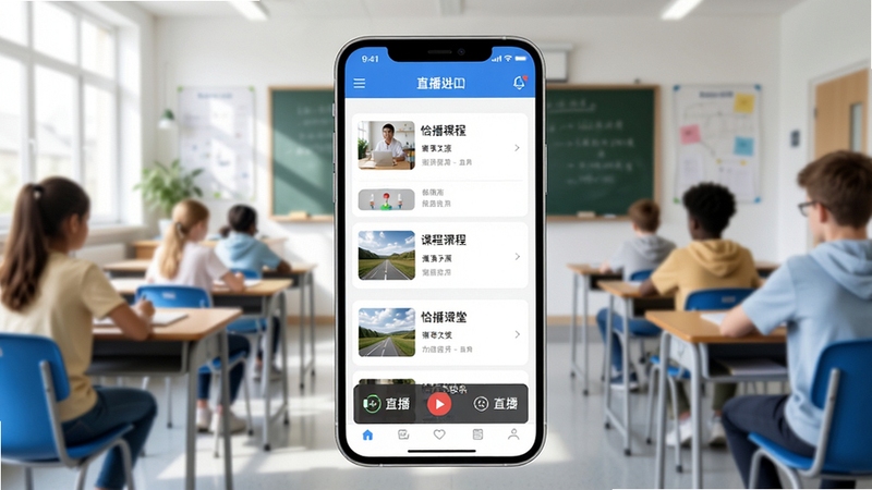 恰播课堂软件主界面全貌展示,画面中央为手机屏幕中的课程列表与直播入口,背景为明亮教室场景,整体风格清爽简洁,教育科技感强,构图居中,适配模型生成