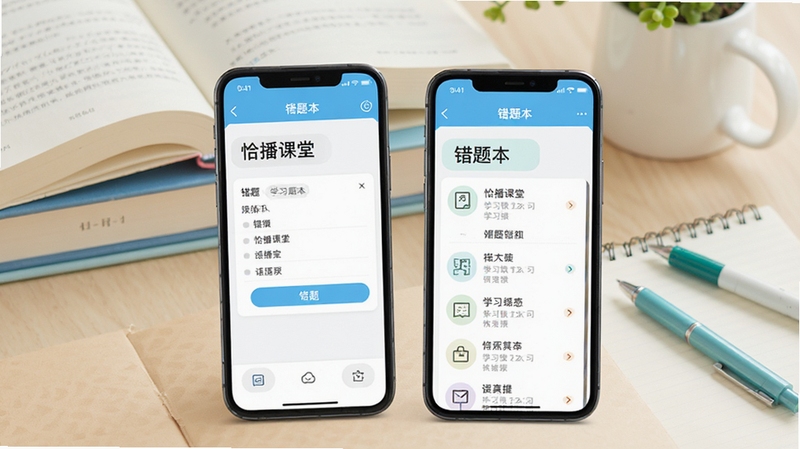 恰播课堂随堂练习与错题本界面,画面主体为手机屏幕中的答题页与错题列表,背景为整齐的书本与文具,配色清新,突出学习整理的主题