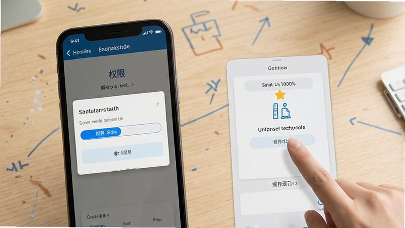 恰播课堂安装与设置操作示意图,画面展示手机屏幕中的权限设置页与缓存清理入口,旁边有手指点击动作,背景为浅色桌面,整体清晰直观