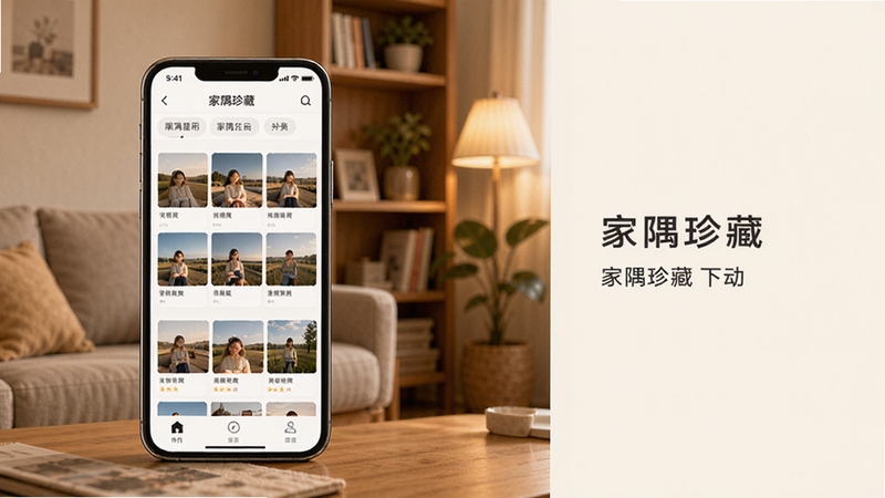 整体画面采用温馨家庭氛围,画面中心偏左位置放置一部智能手机,手机屏幕显示家隅珍藏应用的照片分类界面,界面中有相册缩略图与分类标签;背景区域为暖色调客厅一角,有木质书架、绿植与柔和灯光,右侧留出浅色空白区域用于排版文字,整体风格写实清新,画质细腻,适合软件下载站配图