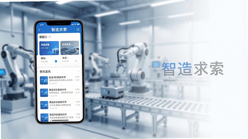 整体画面采用科技蓝与银灰为主色调,画面中央偏左位置放置一部竖屏智能手机,手机屏幕上呈现智造求索软件的主界面,包含课程卡片与资讯列表元素;背景区域为虚化的现代化智能工厂车间,机械臂与传送带轮廓隐约可见,右侧留出大面积干净负空间用于排版,整体风格简洁明快、光影柔和,适配Boogu模型生成,画面中可自然融入“智造求索”字样
