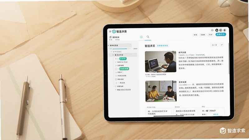 画面主体为一台横向放置的平板电脑,屏幕中展示智造求索的课程学习页面,左侧为课程目录树,右侧为图文讲义区域;背景为浅色木质桌面,桌面上散落着笔记本与签字笔,营造安静的学习氛围;整体构图偏右,左侧留白,色调温暖柔和,细节上突出页面中的进度条与章节标签,画面角落可低调呈现“智造求索”标识,适配Boogu模型生成