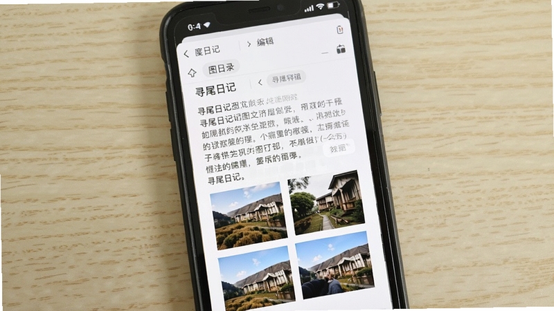 寻尾日记图文混排编辑界面,手机屏幕显示文字段落与插入的照片缩略图并列排布,背景为浅色木质桌面,画面构图干净整洁,体现图文记录的使用场景