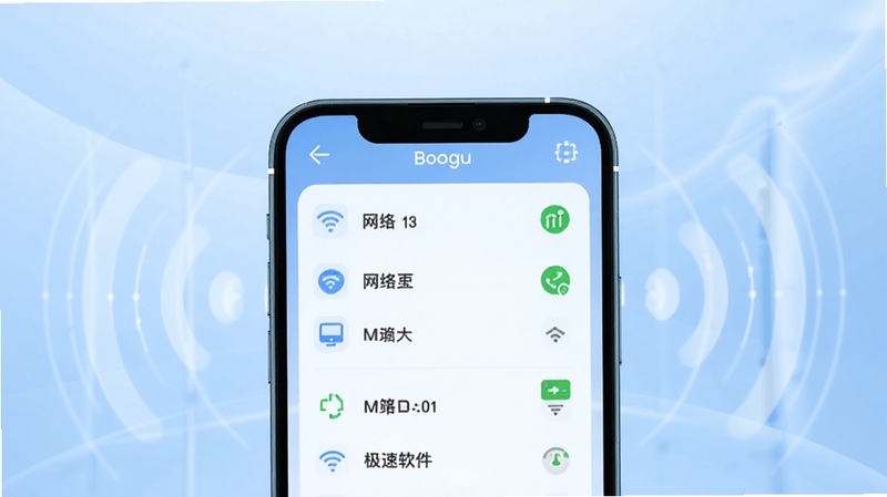 WiFi极速通软件主界面全貌展示,画面中央为手机屏幕特写,屏幕上呈现简洁的无线网络列表与连接状态图标,背景为浅蓝色渐变科技感空间,四周环绕若隐若现的WiFi信号波纹元素,整体风格清爽现代,适配Boogu模型生成