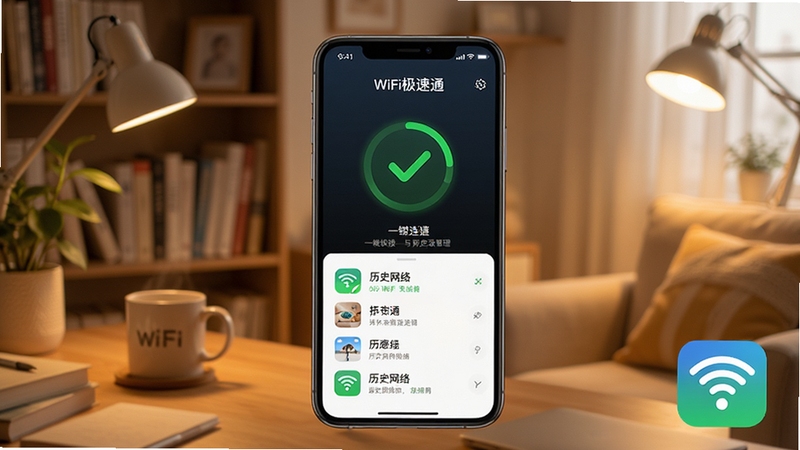 WiFi极速通一键连接与历史记录管理界面展示,手机屏幕呈现连接成功的绿色对勾动画与历史网络列表,背景为温馨家居书房环境,光线柔和,画面中带有WiFi极速通软件图标