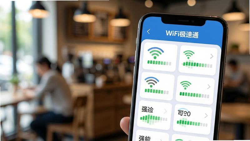 WiFi极速通周边热点扫描功能界面特写,手机屏幕显示多个WiFi信号名称与强度格数,界面采用卡片式布局,背景为咖啡厅场景虚化处理,突出软件名称WiFi极速通标识,画面明亮清晰