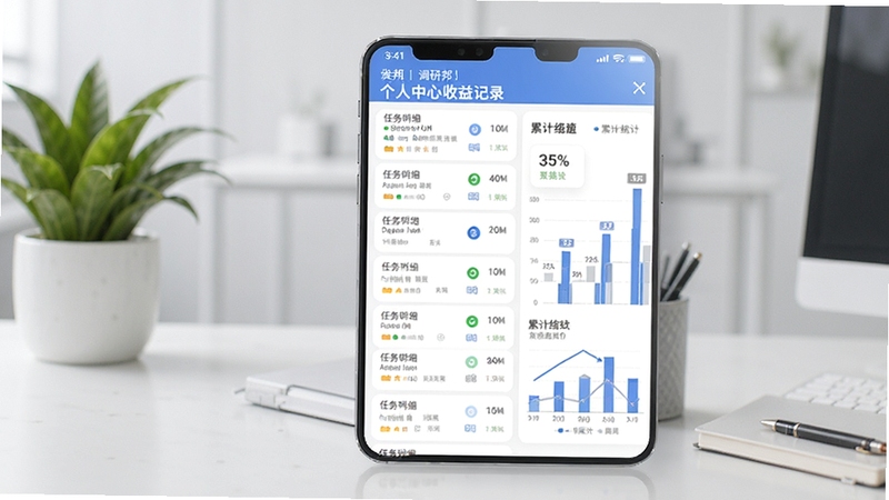 调研邦个人中心收益记录页面展示,手机屏幕显示任务明细列表和累计统计图表,背景为浅灰色办公场景,有绿植点缀,整体风格清爽规整,体现数据管理的清晰性