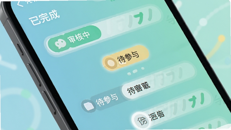 调研邦应用内任务进度追踪界面特写,手机屏幕上显示已完成、审核中、待参与等状态标签,背景为柔和的蓝绿色渐变,画面简洁现代,突出流程透明化的产品特点
