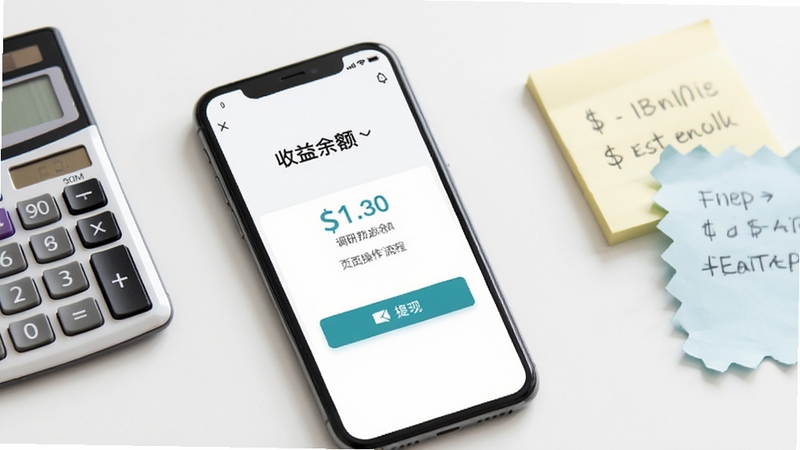 调研邦提现页面操作流程示意图,手机屏幕显示收益余额和提现按钮,背景为简洁的白色桌面环境,有计算器和便签纸点缀,画面风格干净利落,突出财务操作的清晰感