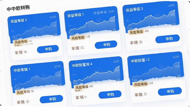 中欧财富手机应用基金产品列表界面展示,蓝色主色调,页面中排列多只基金卡片,包含收益曲线、风险等级标签与申购按钮,背景为简洁的白色理财界面,整体风格专业清爽