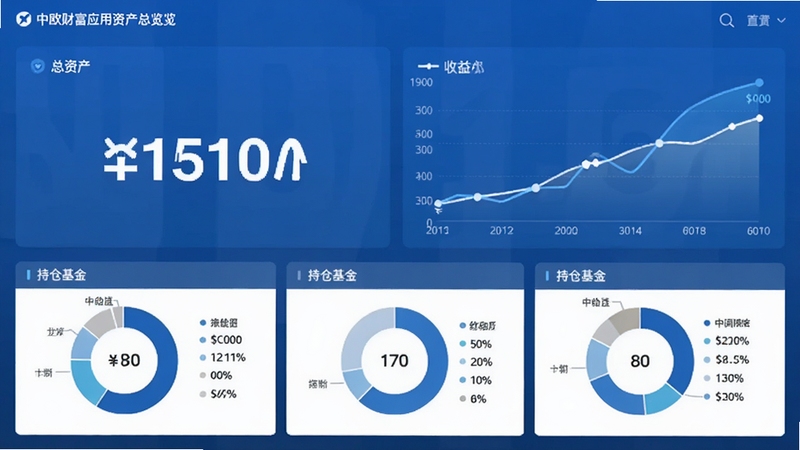 中欧财富应用资产总览页面,中央为总资产数字与收益曲线图表,下方分布持仓基金环形图,配色以蓝白为主,界面干净,突出数据可视化效果