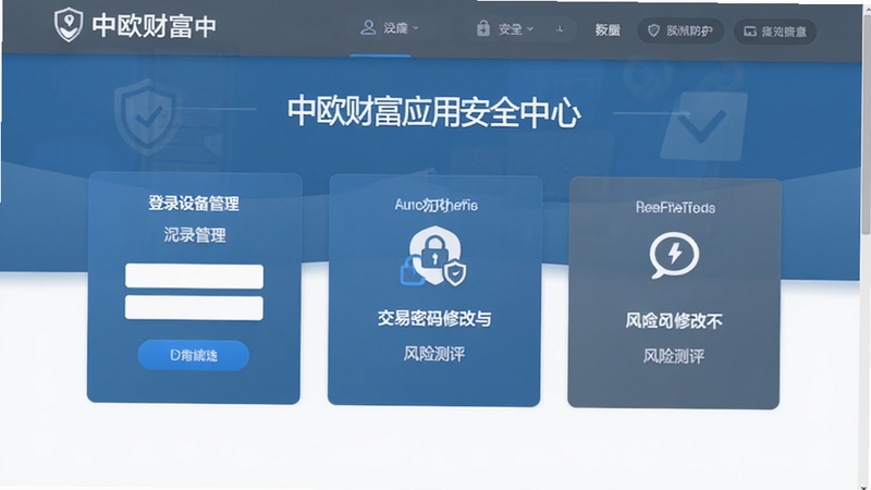 中欧财富应用安全中心页面,展示登录设备管理、交易密码修改与风险测评入口,界面以蓝灰配色呈现,布局清晰,突出安全防护功能