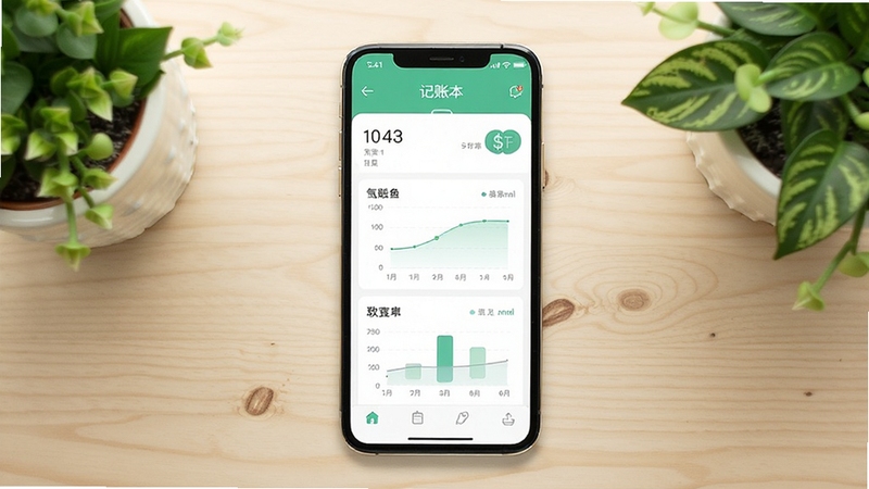 记账本免费软件主界面展示,画面中央放置一部智能手机,屏幕显示简洁的记账首页与收支图表,背景为浅色木质桌面与绿植点缀,整体风格清新明亮,适合软件下载站展示图
