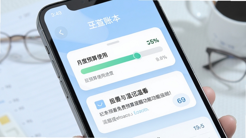 记账本免费预算提醒功能展示,手机屏幕弹出月度预算使用进度条与温馨提示卡片,背景为淡蓝色渐变,整体氛围轻松不压迫