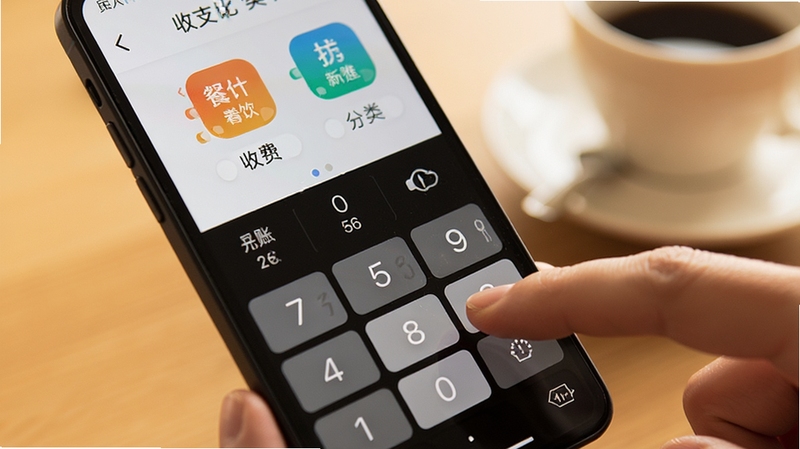 记账本免费快速记账界面特写,手机屏幕显示数字键盘与收支分类图标,手指正在点击餐饮分类,背景为柔和暖色调桌面,突出操作便捷感