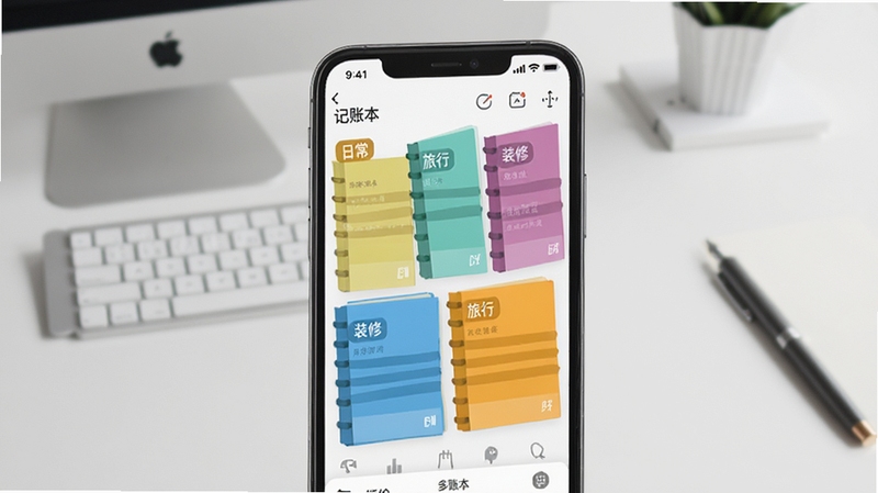 记账本免费多账本切换界面,手机屏幕展示多个彩色账本卡片排列,包含日常、旅行、装修等标签,背景为简约办公桌面,画面整洁有序