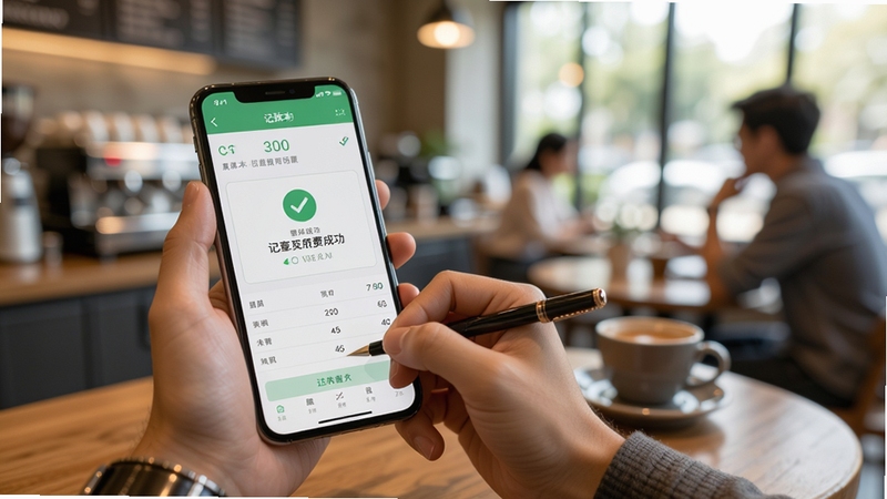 记账本免费手机版使用场景图,画面展示一只手握持手机在咖啡厅记录账单,屏幕显示记账成功提示,背景虚化处理,氛围生活化
